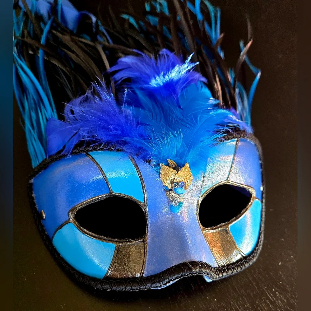 Blue and Black Feathered Masquerade Mask Cirque Du Soliel Erik Attia